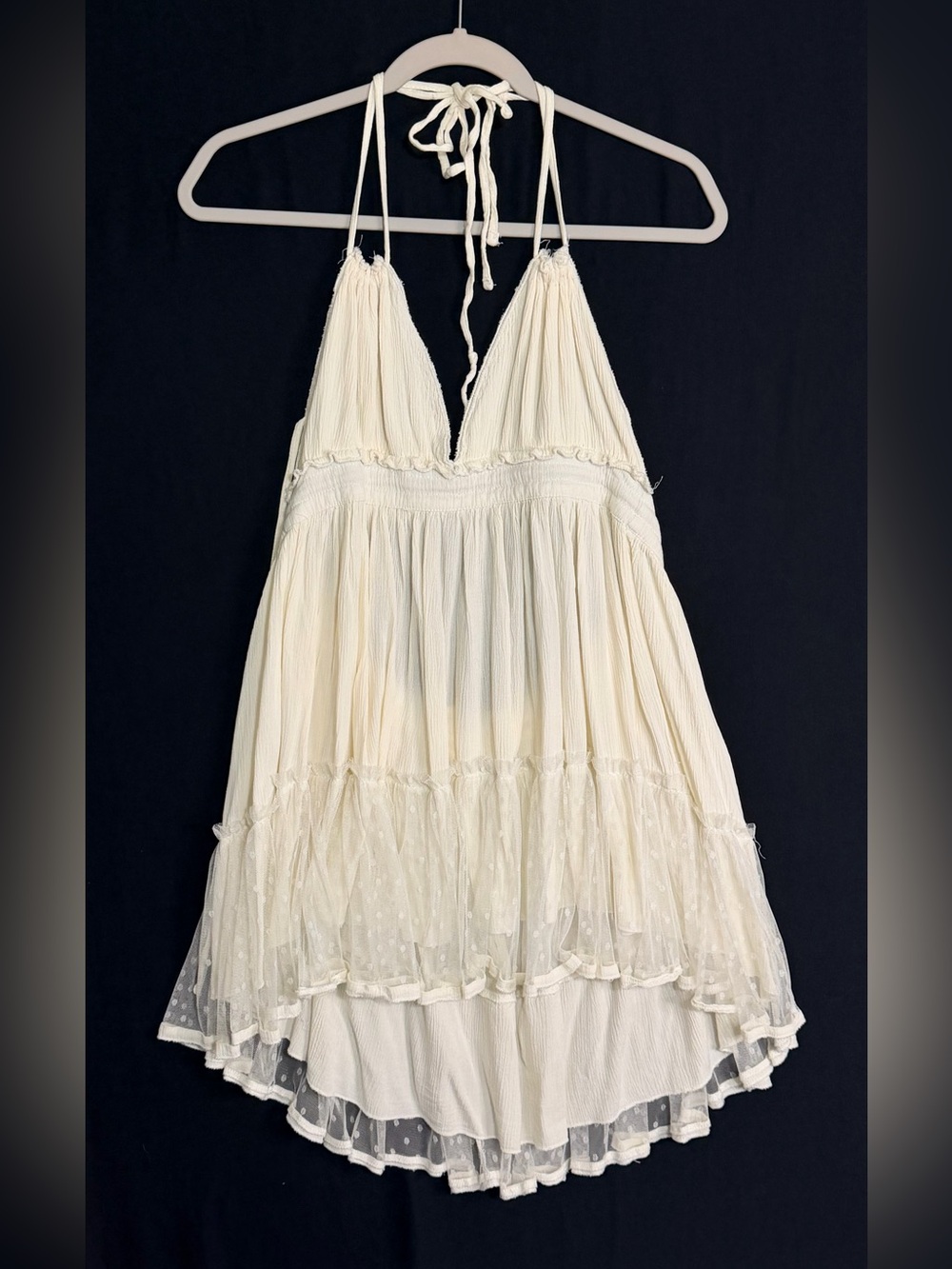 Women’s L Cream High-Low Halter Dress lace hem, adjustable tie waistband Boho